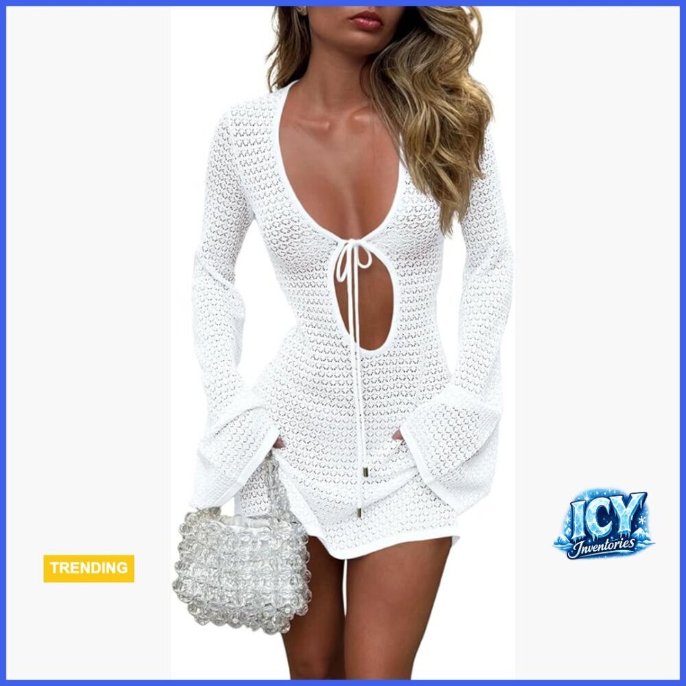 Viscose Crochet Swimsuit Cover Up Long Bell Sleeve V Neck Beach Dress